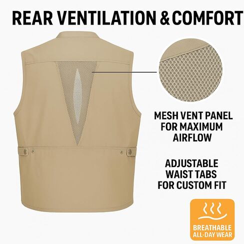 Humvee Safari Photography Vest For Men, Women, Unisex - Vest for Hunting, Fishing, Camping, Travel, Hiking, Outdoor - 100% Cotton, Khaki, Large, Christmas Gift in Kuwait