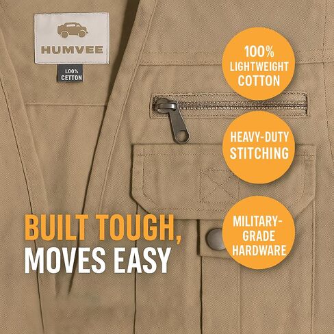 Humvee Safari Photography Vest For Men, Women, Unisex - Vest for Hunting, Fishing, Camping, Travel, Hiking, Outdoor - 100% Cotton, Khaki, Large, Christmas Gift in Kuwait