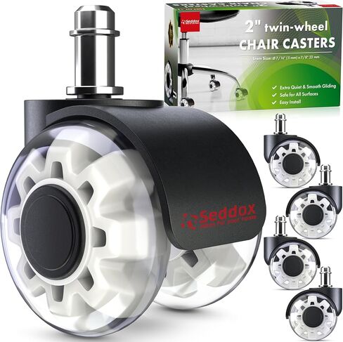 SEDDOX Office Chair Wheels Replacement Set of 5 - Dual 2 Inch Soft Chair Casters for Hardwood Vinyl Tile - Heavy Duty & Safe for All Floors - Fit Most Computer Gaming & Desk Chairs - Black in Saudi Arabia