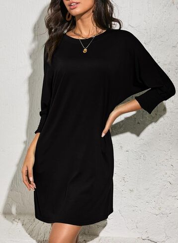 Dokotoo Womens Dresses 2025 Spring 3/4 Sleeve Fashion Dresses Crewneck Casual Mini Dress with Pockets S-XL in Kuwait