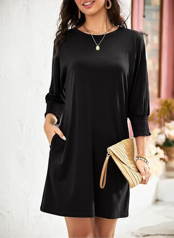 Dokotoo Womens Dresses 2025 Spring 3/4 Sleeve Fashion Dresses Crewneck Casual Mini Dress with Pockets S-XL in Kuwait