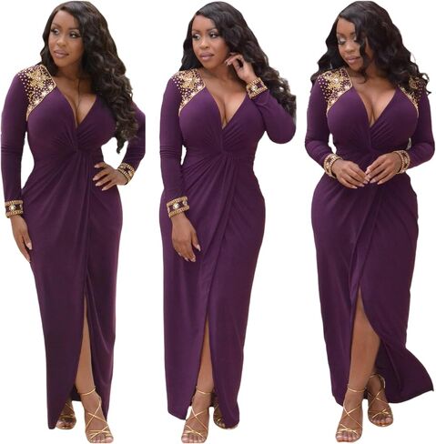 Women Wrap Maxi Dress Long Sleeve Holiday Spring Summer Cocktail Dress High Slit Evening Gown V Neck (One size fit from XSmall until Large size, Black) in Saudi Arabia