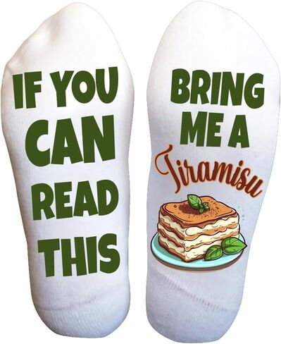 Funky Fun Socks With Sayings Food Themed Collection- Bring me a Tiramisu Italian Pastries Socks, Women's Classic Novelty Crew Socks, Women's Fun Food & Drink Crew Socks in Kuwait