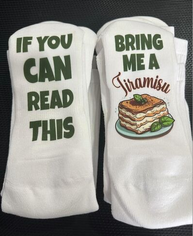 Funky Fun Socks With Sayings Food Themed Collection- Bring me a Tiramisu Italian Pastries Socks, Women's Classic Novelty Crew Socks, Women's Fun Food & Drink Crew Socks in Kuwait