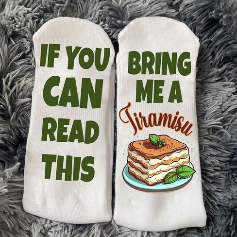 Funky Fun Socks With Sayings Food Themed Collection- Bring me a Tiramisu Italian Pastries Socks, Women's Classic Novelty Crew Socks, Women's Fun Food & Drink Crew Socks in Kuwait