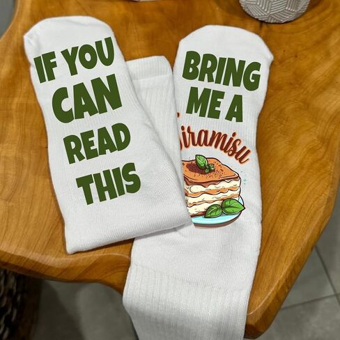 Funky Fun Socks With Sayings Food Themed Collection- Bring me a Tiramisu Italian Pastries Socks, Women's Classic Novelty Crew Socks, Women's Fun Food & Drink Crew Socks in Kuwait