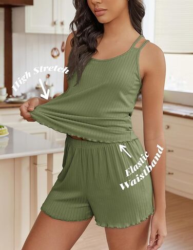 Ekouaer Womens Cami Pajama يضع 2 قطعة مضلعة متماسكة PJS أعلى دبابة وسراويل القصيرة ملابس الملابس الداخلية ملابس النوم in Kuwait