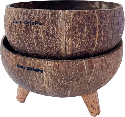 Set of 2 Coconut Bowls with Three Legs (polished), 4.7" W x 3.1" H, Wooden Bowls for Smoothie, Salad, Yogurt, Decorative for home Décor, Vegan Birthday Gifts, Handmade in Saudi Arabia