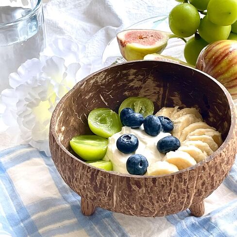 Set of 2 Coconut Bowls with Three Legs (polished), 4.7" W x 3.1" H, Wooden Bowls for Smoothie, Salad, Yogurt, Decorative for home Décor, Vegan Birthday Gifts, Handmade in Saudi Arabia