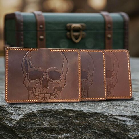 Leather for Men & Women Front Pocket Card Holder | Minimalist Wallet | Front Pocket Wallet | Leather Card Sleeve | Minimalist Handmade Card Holder (Style 2 (Skull and Bones)) in Saudi Arabia