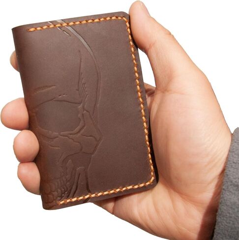 Leather for Men & Women Front Pocket Card Holder | Minimalist Wallet | Front Pocket Wallet | Leather Card Sleeve | Minimalist Handmade Card Holder (Style 2 (Skull and Bones)) in Saudi Arabia