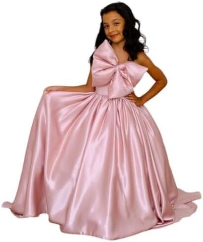 Girls Long Satin Princess Pageant Dress - Elegant Girls' Formal Party Dress - One Shoulder Ball Gown with Bow Knot - Charming Girls Outfit for Weddings & Special Occasions (9 years, Blush) in Saudi Arabia