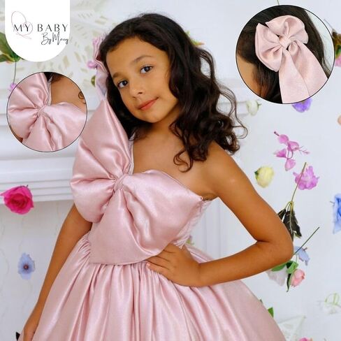 Girls Long Satin Princess Pageant Dress - Elegant Girls' Formal Party Dress - One Shoulder Ball Gown with Bow Knot - Charming Girls Outfit for Weddings & Special Occasions (9 years, Blush) in Saudi Arabia