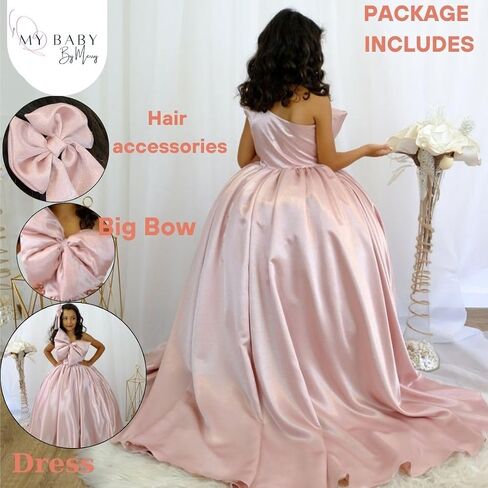 Girls Long Satin Princess Pageant Dress - Elegant Girls' Formal Party Dress - One Shoulder Ball Gown with Bow Knot - Charming Girls Outfit for Weddings & Special Occasions (9 years, Blush) in Saudi Arabia