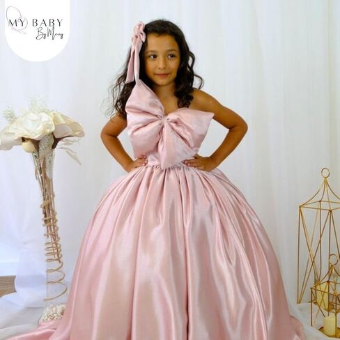 Girls Long Satin Princess Pageant Dress - Elegant Girls' Formal Party Dress - One Shoulder Ball Gown with Bow Knot - Charming Girls Outfit for Weddings & Special Occasions (9 years, Blush) in Saudi Arabia
