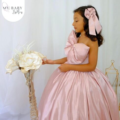 Girls Long Satin Princess Pageant Dress - Elegant Girls' Formal Party Dress - One Shoulder Ball Gown with Bow Knot - Charming Girls Outfit for Weddings & Special Occasions (9 years, Blush) in Saudi Arabia