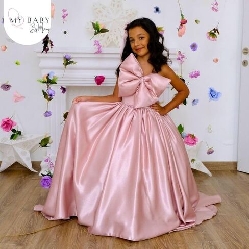 Girls Long Satin Princess Pageant Dress - Elegant Girls' Formal Party Dress - One Shoulder Ball Gown with Bow Knot - Charming Girls Outfit for Weddings & Special Occasions (9 years, Blush) in Saudi Arabia