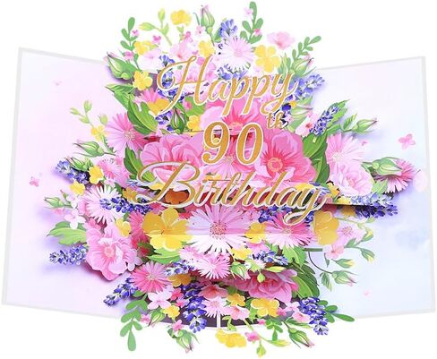 90th Birthday Card, Happy Birthday Card, Elegant Pop Up Cards with 3D Design Flowers for Women, Includes Note for Personal Wishes - Perfect Birthday Gifts for Her, Mom, Girlfriend (90th Birthday Card) in Saudi Arabia