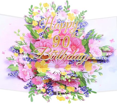 90th Birthday Card, Happy Birthday Card, Elegant Pop Up Cards with 3D Design Flowers for Women, Includes Note for Personal Wishes - Perfect Birthday Gifts for Her, Mom, Girlfriend (90th Birthday Card) in Saudi Arabia