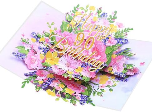 90th Birthday Card, Happy Birthday Card, Elegant Pop Up Cards with 3D Design Flowers for Women, Includes Note for Personal Wishes - Perfect Birthday Gifts for Her, Mom, Girlfriend (90th Birthday Card) in Saudi Arabia