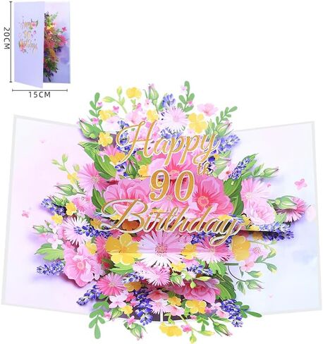 90th Birthday Card, Happy Birthday Card, Elegant Pop Up Cards with 3D Design Flowers for Women, Includes Note for Personal Wishes - Perfect Birthday Gifts for Her, Mom, Girlfriend (90th Birthday Card) in Saudi Arabia