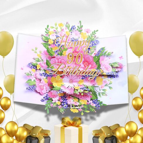90th Birthday Card, Happy Birthday Card, Elegant Pop Up Cards with 3D Design Flowers for Women, Includes Note for Personal Wishes - Perfect Birthday Gifts for Her, Mom, Girlfriend (90th Birthday Card) in Saudi Arabia