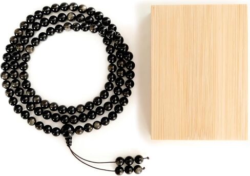 Tibetan Natural Black Obsidian Mala Beads 108, Protection Healing Crystal Beaded Bracelets, Meditation Golden Sheen Gemstone Necklace for Women Men, Buddhist Energy Prayer Beads Japa Mala (8mm) in Kuwait