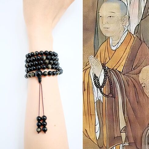 Tibetan Natural Black Obsidian Mala Beads 108, Protection Healing Crystal Beaded Bracelets, Meditation Golden Sheen Gemstone Necklace for Women Men, Buddhist Energy Prayer Beads Japa Mala (8mm) in Kuwait