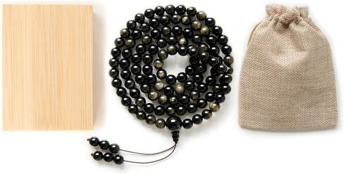 Tibetan Natural Black Obsidian Mala Beads 108, Protection Healing Crystal Beaded Bracelets, Meditation Golden Sheen Gemstone Necklace for Women Men, Buddhist Energy Prayer Beads Japa Mala (8mm) in Kuwait