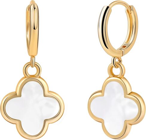 Clover Earrings for Women Four Leaf Clover Earrings Clover Dangle Earring 4 Leaf Gold Hoops Good Lucky Gifts Mothers Day Gifts Birthday Christmas Anniversary Jewelry (Gold/White Clover Jewelry) in Kuwait