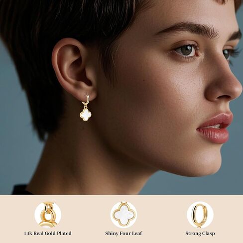 Clover Earrings for Women Four Leaf Clover Earrings Clover Dangle Earring 4 Leaf Gold Hoops Good Lucky Gifts Mothers Day Gifts Birthday Christmas Anniversary Jewelry (Gold/White Clover Jewelry) in Kuwait