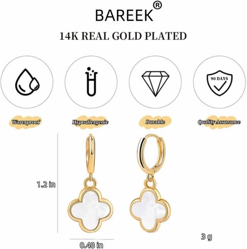 Clover Earrings for Women Four Leaf Clover Earrings Clover Dangle Earring 4 Leaf Gold Hoops Good Lucky Gifts Mothers Day Gifts Birthday Christmas Anniversary Jewelry (Gold/White Clover Jewelry) in Kuwait