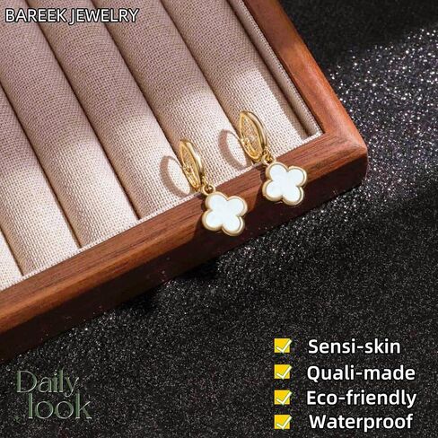 Clover Earrings for Women Four Leaf Clover Earrings Clover Dangle Earring 4 Leaf Gold Hoops Good Lucky Gifts Mothers Day Gifts Birthday Christmas Anniversary Jewelry (Gold/White Clover Jewelry) in Kuwait