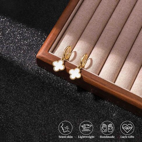 Clover Earrings for Women Four Leaf Clover Earrings Clover Dangle Earring 4 Leaf Gold Hoops Good Lucky Gifts Mothers Day Gifts Birthday Christmas Anniversary Jewelry (Gold/White Clover Jewelry) in Kuwait
