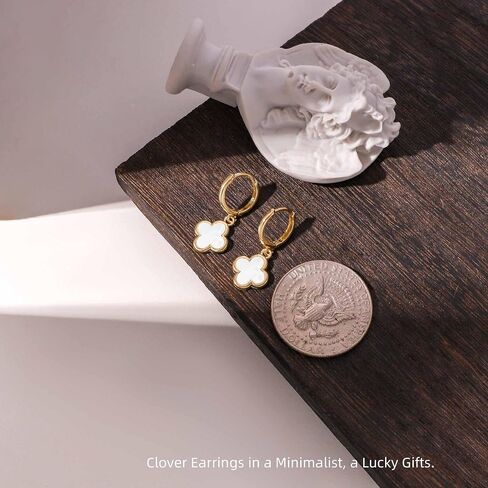 Clover Earrings for Women Four Leaf Clover Earrings Clover Dangle Earring 4 Leaf Gold Hoops Good Lucky Gifts Mothers Day Gifts Birthday Christmas Anniversary Jewelry (Gold/White Clover Jewelry) in Kuwait