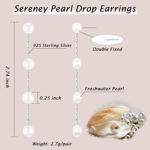 Sereney Sterling Silver Pearl Earrings for Women, Freshwater Pearl Drop Jewelry as Prom Accessories Dangle Earrings for Bride as Wedding Gifts Boho Jewelry as Birthday Gifts in Saudi Arabia