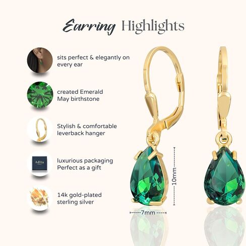 14K Gold Plated Emerald Teardrop Earrings for Women – May Birthstone Jewelry – Dainty Leverback Earrings in Gold Over 925 Sterling Silver – Elegant Gift for Women in Saudi Arabia