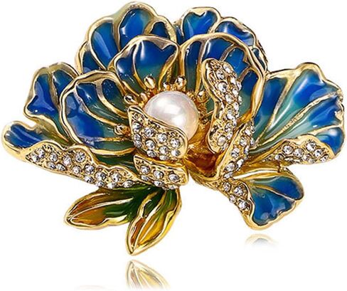 Dainty Flower Brooch Pin for Women Classical Enamel Blue Peony Flower Brooch Natural Freshwater Pearl Exquisite Banquet Wedding Party Jewelry Accessories Gift (Orange) in Saudi Arabia