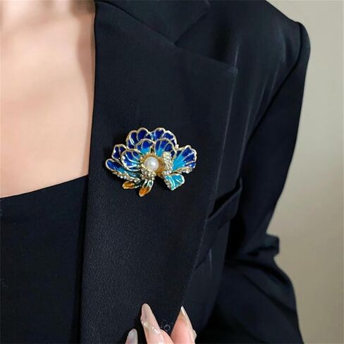 Dainty Flower Brooch Pin for Women Classical Enamel Blue Peony Flower Brooch Natural Freshwater Pearl Exquisite Banquet Wedding Party Jewelry Accessories Gift (Orange) in Saudi Arabia
