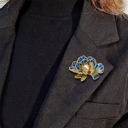 Dainty Flower Brooch Pin for Women Classical Enamel Blue Peony Flower Brooch Natural Freshwater Pearl Exquisite Banquet Wedding Party Jewelry Accessories Gift (Orange) in Saudi Arabia