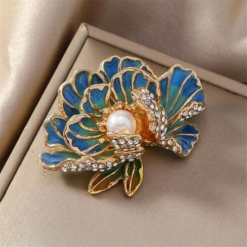 Dainty Flower Brooch Pin for Women Classical Enamel Blue Peony Flower Brooch Natural Freshwater Pearl Exquisite Banquet Wedding Party Jewelry Accessories Gift (Orange) in Saudi Arabia