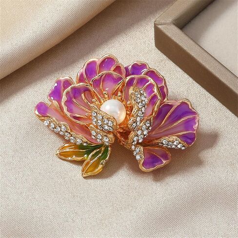 Dainty Flower Brooch Pin for Women Classical Enamel Blue Peony Flower Brooch Natural Freshwater Pearl Exquisite Banquet Wedding Party Jewelry Accessories Gift (Orange) in Saudi Arabia