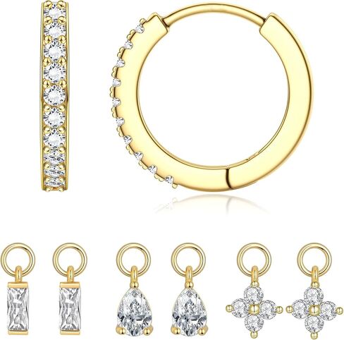 14K Gold Plated Hoop Huggie Earrings and Charm Set for Women Hypoallergenic Cartilage CZ Hoop Charm Earrings Small Flower Bar Dangle Hoop Charm Set 10mm in Kuwait