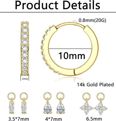 14K Gold Plated Hoop Huggie Earrings and Charm Set for Women Hypoallergenic Cartilage CZ Hoop Charm Earrings Small Flower Bar Dangle Hoop Charm Set 10mm in Kuwait