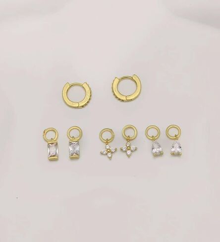 14K Gold Plated Hoop Huggie Earrings and Charm Set for Women Hypoallergenic Cartilage CZ Hoop Charm Earrings Small Flower Bar Dangle Hoop Charm Set 10mm in Kuwait