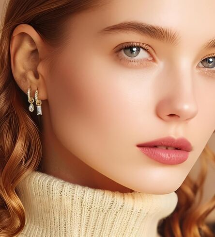14K Gold Plated Hoop Huggie Earrings and Charm Set for Women Hypoallergenic Cartilage CZ Hoop Charm Earrings Small Flower Bar Dangle Hoop Charm Set 10mm in Kuwait
