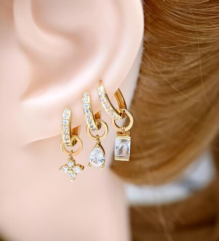14K Gold Plated Hoop Huggie Earrings and Charm Set for Women Hypoallergenic Cartilage CZ Hoop Charm Earrings Small Flower Bar Dangle Hoop Charm Set 10mm in Kuwait