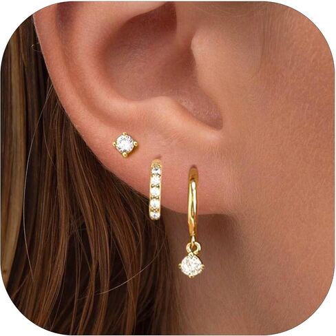 3 Pairs Gold Hoop Earrings Set: 14K Gold Plated Hypoallergenic Stud Earrings Dangle Cartilage Huggie Hoop Earrings for Women Fashion Gold Jewelry for Women Gifts in Saudi Arabia