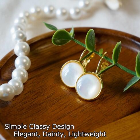 12MM Natural Mother of Pearl Earrings, Classy Leverback Design, Genuine White Seashell, Birthstone Healing Gemstones, Jewelry Gift for Women Girls (Gold) in Kuwait