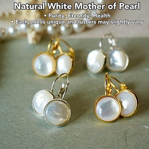12MM Natural Mother of Pearl Earrings, Classy Leverback Design, Genuine White Seashell, Birthstone Healing Gemstones, Jewelry Gift for Women Girls (Gold) in Kuwait